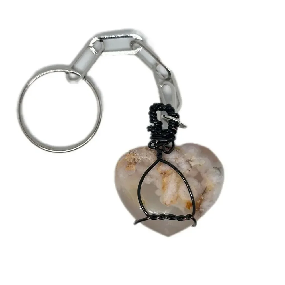 Flower Agate keychain wire wrapping distressed black wire handmade